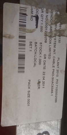DRIVE SYSTEM INT. CABLE PNO-3HAC6346-1 - mjvaluemart