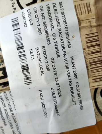 HOSE,RADIATOR,PN-10136,VOLTAS FORKLIFT - mjvaluemart