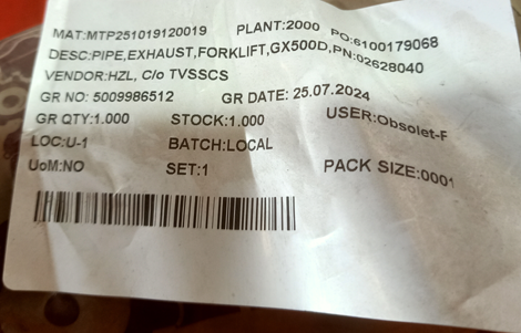 PIPE,EXHAUST,FORKLIFT,GX500D,PN:02628040 - mjvaluemart
