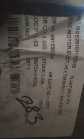 MOTOR,ELECT,V5,F,735RPM,1.1 KW,415 VAC - mjvaluemart