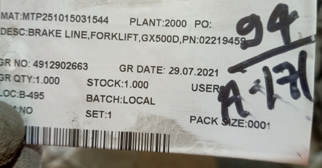 BRAKE LINE,FORKLIFT,GX500D,PN:02219459 - mjvaluemart