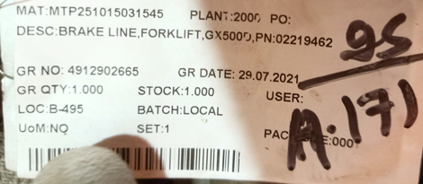 BRAKE LINE,FORKLIFT,GX500D,PN:02219462 - mjvaluemart