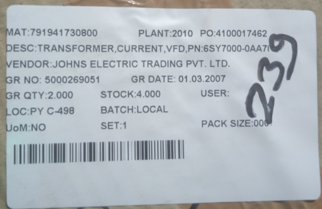 TRANSFORMER,CURRENT,VFD,PN:6SY7000-0AA78 - mjvaluemart